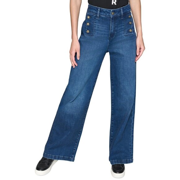 KARL LAGERFELD PARIS Petite Mid-Rise Wide-Leg Jean Blue Size 8P MSRP $109 - Picture 2 of 6